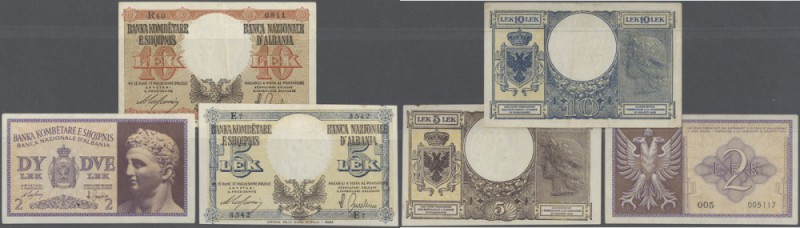 Albania: set of 3 notes containing 2 Lek ND(1940) P. 9 (aUNC), 5 Lek ND(1940) P....
