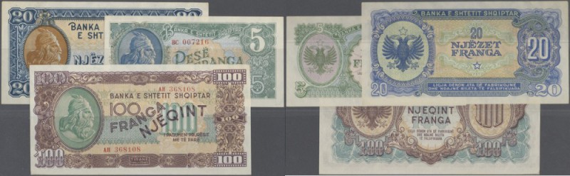 Albania: set of 3 notes containing 5,20,100 Franga 1945 P. 15-17, UNC, only the ...