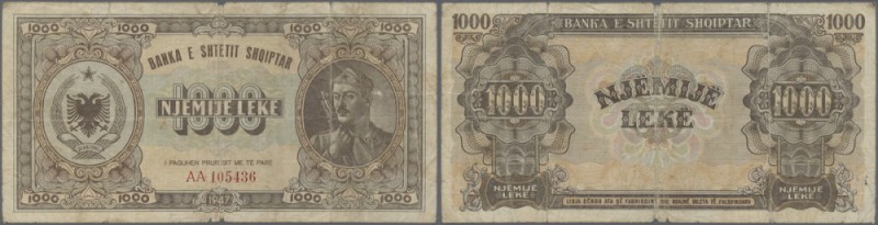 Albania: 1000 Leke 1947 P. 23, strong used with 3 strong vertical fold, several ...