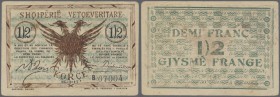 Albania: 1/2 Franc 1917 P. S143a, 2 diagonal folds, corner folding and handling in paper, no holes or tears, crisp paper, condition: VF-.