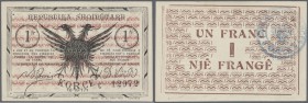 Albania: 1 Frac 1917 P. S146b, never folded, crisp original, only a light dint at left border and at lower left corner, a tiny paper irritation at low...
