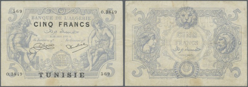 Algeria: 5 Francs 1925 P. 1, center fold, staining at lower broder, probably pre...