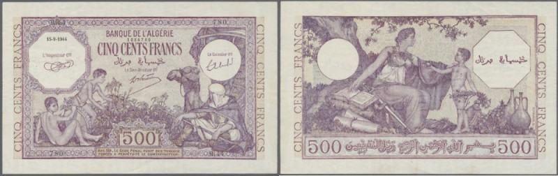 Algeria: 500 Francs 1944 P. 95, light center fold, 2 pinholes at left, corner be...