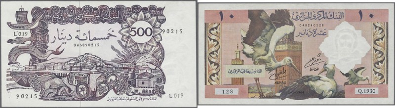Algeria: set of 2 notes containing 10 Francs 1964 P. 123 (XF) and 500 Dinars 197...