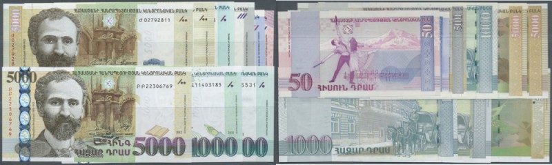 Armenia: set with 9 Banknotes containing 50 and 100 Dram 1998, 500, 1000 and 500...
