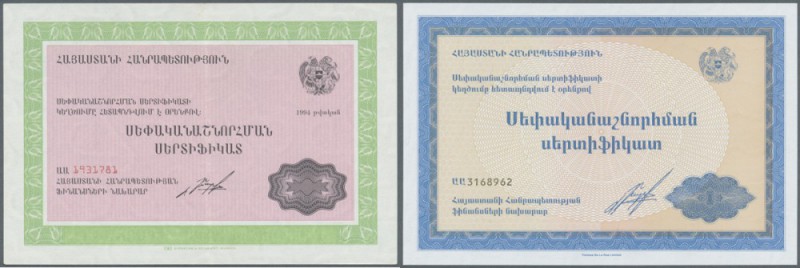 Armenia: pair of privatization certificates in green and blue color, dated 1994,...