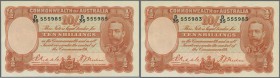 Australia: highly rare set of 3 CONSECUTIVE banknotes 10 Shillings 1936 portrait KGV, issued during the worldwide depression era, signed Riddle-Sheeha...