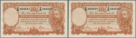 Australia: highly rare lot of 5 CONSECUTIVE banknotes 10 Shillings 1936 KGV, with numbers from 582631 to 582635, high catalog value, signed Riddle-She...