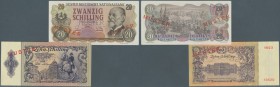 Austria: pair with 10 and 20 Schilling 1950/1956 Specimen, P.127s and 136s. Both notes with perforation and red overprint ”MUSTER” and regular serial ...