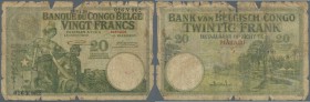 Belgian Congo: 20 Francs 1920 with red overprint ”MATADI” P. 10d, very worn borders, center hole, still intact, rarely seen with overprint, condition:...