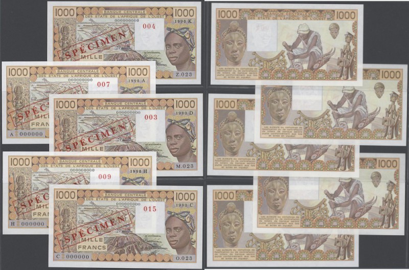 West African States: rare set of 5 different Specimen notes of 1000 Francs 1990 ...