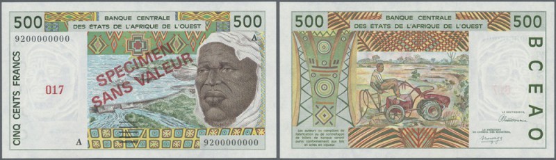 West African States: set of 2 SPECIMEN notes 500 Francs 1992, one with letter ”A...