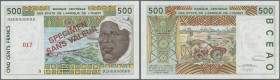 West African States: set of 2 SPECIMEN notes 500 Francs 1992, one with letter ”A” (Ivory Coast) and one with letter ”H” (Niger), P. 110As, 610Hs (W.A....