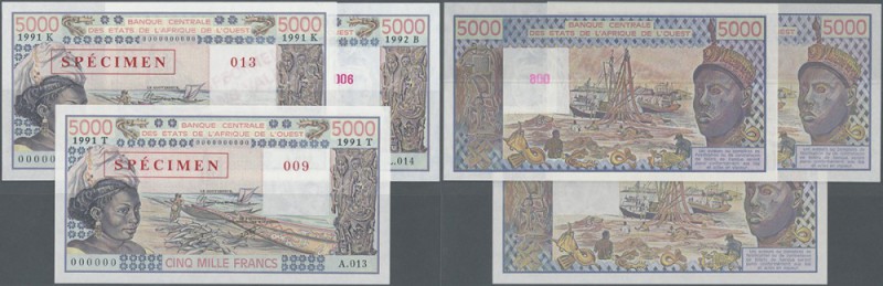 West African States: set of 3 different SPECIMEN notes 5000 Francs 1991 with iss...