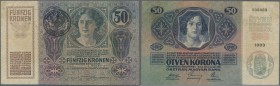 Yugoslavia: 50 Kronen ND(1919), stamp on Austria # 15, P.3, used condition with several folds and stains, tiny tear at left border. Condition: F