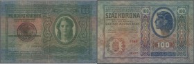 Yugoslavia: 100 Kronen ND(1919), stamp on Austria # 12, P.4, several folds and creases in the paper, small brownish stain on back. Condition: F+