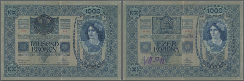 Yugoslavia: 1000 Kronen ND(1919), stamp on Austria # 8, P.5, tiny pinholes at up...