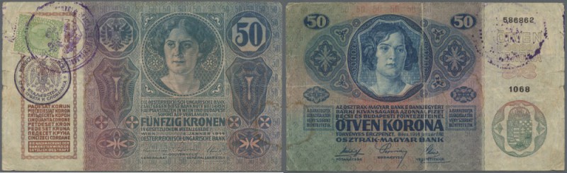 Yugoslavia: 50 Kronen ND(1919), adhesive stamp on Austria # 15, P.8b, used condi...