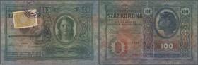 Yugoslavia: 100 Kronen ND(1919), adhesive stamp on Austria # 12, P.9, vertical and horizontal fold, some minor creases in the paper, tiny tear at righ...