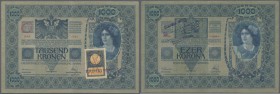 Yugoslavia: 1000 Kronen ND(1919, adhesive stamp in slovenian language on Austria # 8, P.10B, vertical and horizontal fold and minor creases in the pap...