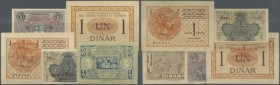 Yugoslavia: set with 5 Banknotes 1/2 and 1 Dinar 1919, 1/4 Dinar = 25 Para and the overstamp issue 1/2 Dinara = 2 Kronen and 1 Dinara = 4 Kronen 1919,...