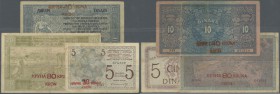 Yugoslavia: set with 3 Banknotes 5 Dinara = 20 Kronen, 10 Dinara = 40 Kronen and 20 Dinara = 80 Kronen 1919, P.16a-18, nice used condition with severa...