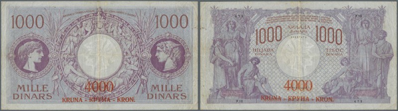 Yugoslavia: 1000 Dinara = 4000 Kronen ND(1919), P.20, small repaired tear at lef...