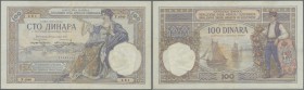 Yugoslavia: 100 Dinara 1920, P.22, repaired at upper center along the vertical bend and several other folds. Very nice looking note. Condition: F+