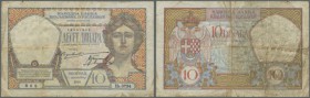 Yugoslavia: 10 Dinara 1929, P.26, well worn condition with a number of brownish stains and tiny tears along the borders, tiny holes at center. Conditi...