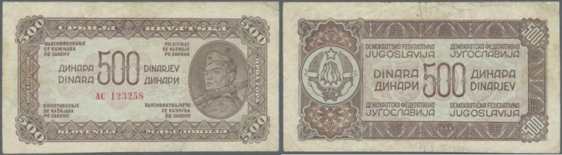 Yugoslavia: 500 Dinara 1944, P.54 in used condition with several folds and minor...