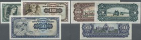 Yugoslavia: set with 3 Banknotes series 1965 containing 5, 10 and 50 Dinara, P.77b, 78a, 79a, 5 Dinara with vertical bend at center, wrinkles in the p...