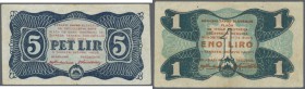 Yugoslavia: Monetary Bank of Slovenia 1 Liro and 5 Lir 1944, P.S110, S111, both with several folds and small stains. Condition: F+ (2 Banknotes)
