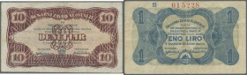 Yugoslavia: Monetary Bank of Slovenia 1 Liro and 10 Lir 1944, P.S112, S113, both with several folds and stains. Condition: F (2 Banknotes)