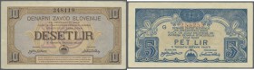 Yugoslavia: Monetary Bank of Slovenia 5 and 10 Lir 1944, P.S114, S115, both in excellent condition with minor creases and tiny stains. Condition: XF (...