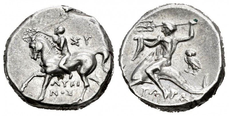 Calabria. Tarentum. Didracma. 275-235 a.C. (Sng Ans-1165). Anv.: Jinete a izquie...