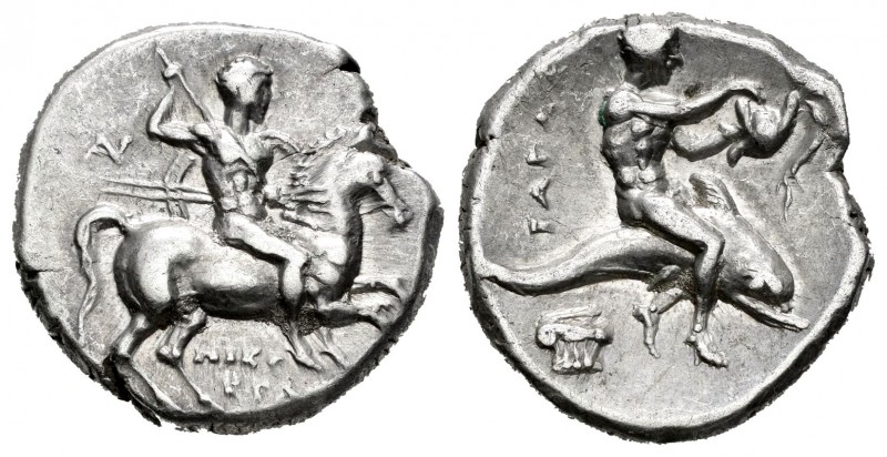 Calabria. Tarentum. Didracma. 272-235 a.C. (Sng Ans-1203). Anv.: Jinete a derech...