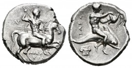Calabria. Tarentum. Didracma. 272-235 a.C. (Sng Ans-1203). Anv.: Jinete a derecha con lanza y escudo. Rev.: Taras sobre delfín a derecha con casco cor...