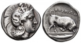 Lucania. Thurium. Diestátera - Distater. 400-350 a.C. (Pozzi-229). (Cy-490). Anv.: Cabeza de Atenea a derecha con casco ateniense decorado con el moun...