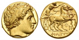 Imperio Macedonio. Filipo II. Estátera. 359-336 a.C. (Cy-1202). (Pozzi-833 variante). Anv.: Cabera laureada de Apolo a derecha. Rev.: Biga a derecha, ...