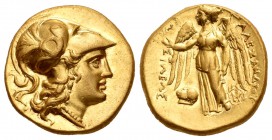 Imperio Macedonio. Alejandro III Magno. Estátera. 336-323 a.C. Babylon. (Price-3735). (Müller-729). Anv.: Cabeza de Atenea a derecha, con casco corint...