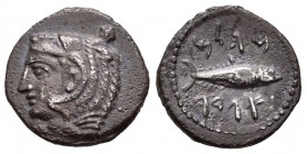 Gadir. Hemidracma. Último tercio siglo III a.C. Cádiz. (Abh-631 variante). (Acip-631 variante). (C-2 variante). Anv.: Cabeza de Melkart con piel de le...