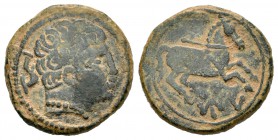 Meduainum. Semis. 120-20 a.C. Zona norte del Ebro. (Abh-1751). (C-3). Anv.: Cabeza masculina a derecha, detrás delfín. Rev.: Caballo a derecha, debajo...