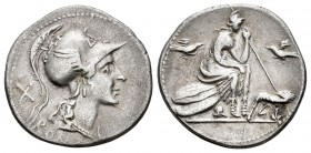 Anónima. Denario. 115-114 d.C. Italia Central. (Ffc-83). (Craw-287-1). (Cal-58). Rev.: Roma sentada sobre escudos con cetro, en frente la loba amamant...