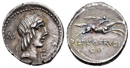 Calpurnia. Denario. 90-89 a.C. Roma. (Ffc-266). (Cal-308h). Anv.: Cabeza laureada de Apolo a derecha, detrás y debajo del mentón letras. Rev.: Jinete ...