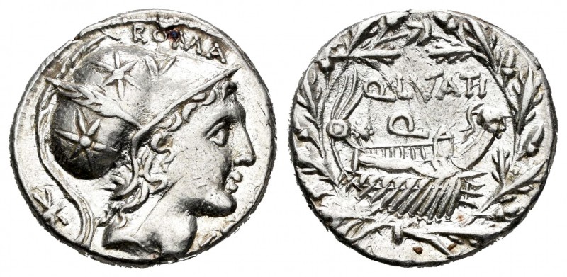 Lutatia. Denario. 109-108 a.C. Sureste de Italia. (Ffc-829). Anv.: Cabeza de Apo...