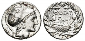 Lutatia. Denario. 109-108 a.C. Sureste de Italia. (Ffc-829). Anv.: Cabeza de Apolo a derecha, detrás X, delante (CERCO) y encima ROMA. Rev.: Galera a ...