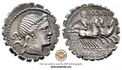 Naevia. Denario. 79 a.C. Taller Auxiliar de Roma. (Ffc-937). (Cal-1041). Anv.: Cabeza diademada de Venus a derecha, detrás SC. Rev.: Victoria en triga...