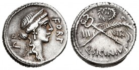 Sicinia. Denario. 49 a.C. Roma. (Ffc-1130). (Craw-440/1). (Cal-1285). Anv.: Cabeza diademada de la Fortuna a derecha, delante FORT, detrás P R. Rev.: ...