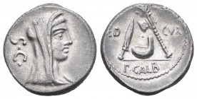 Sulpicia. Denario. 69 a.C. Roma. (Ffc-1134). (Craw-406/1). (Cal-1289). Anv.: Cabeza velada de Vesta a derecha, detras SC. Rev.: Cuchillo de sacrificio...