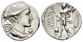 Valeria. Denario. 108-107 a.C. Sur de Italia. (Ffc-1165). (Craw-306/1). (Cal-1322). Anv.: Busto alado de Victoria a derecha, delante X. Rev.: Marte co...